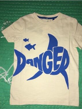Mini Boden White Tee with Bold Blue Shark 'Danger' Graphic